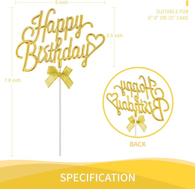 Gold Cursive Happy Birthday Cake Topper Plastic - 3D Double Sided Happy Birthday Sign for Cake with Bow, Idea for Cake Decoration (LIGHT GOLD)