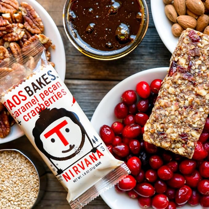 Taos Bakes - Caramel Pecan + Cranberries - Breakfast Bars - 5g Fiber & Gluten Free - Healthy Snacks for Adults - Filled with Pecans, Cranberries, Sesame Seeds, & Chia Seeds - (12 Pack, 1.8oz Bars)