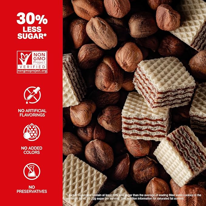 Loacker Quadratini Hazelnut Wafer Cookies LARGE - 30% Less Sugar - Premium Crispy Bite Size Wafers - NON-GMO - LARGE Pack of 6