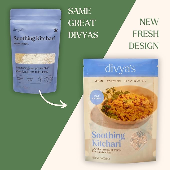 Divya's Soothing Kitchari, Mild & Herbal, One-Pot Ayurvedic Meal with Grains, Lentils, & Spices, Healthy & Nourishing Plant-Based Meal, Vegan, Non-GMO, Gluten Free, Organic, Family Size - 4 Meals