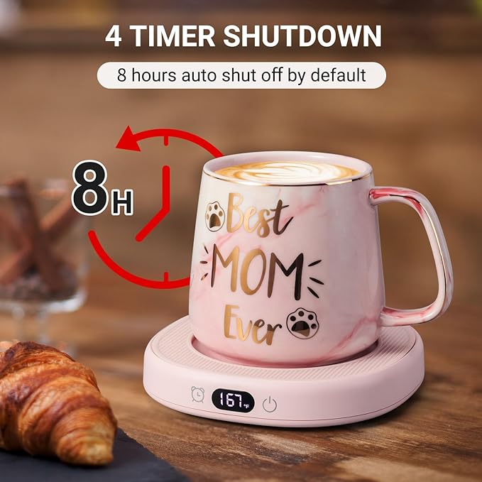 Coffee Mug Warmer & Best MOM Ever Mug Set, Electric Cup Warmer for Desk Office Home, Beverage Warmer with 4 Temperature Setting, 8H Auto Shut Off, Mom Gifts from Daughter Son