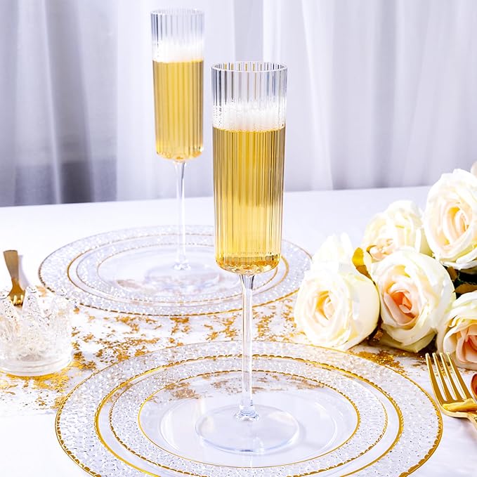 Ciaell 24 Pack Plastic Champagne Flutes - 6oz Ribbed Disposable Champagne Glasses - Clear Vintage Mimosa Glasses with Long Stem, Elegant & Lightweight for Weddings, Birthdays, Parties
