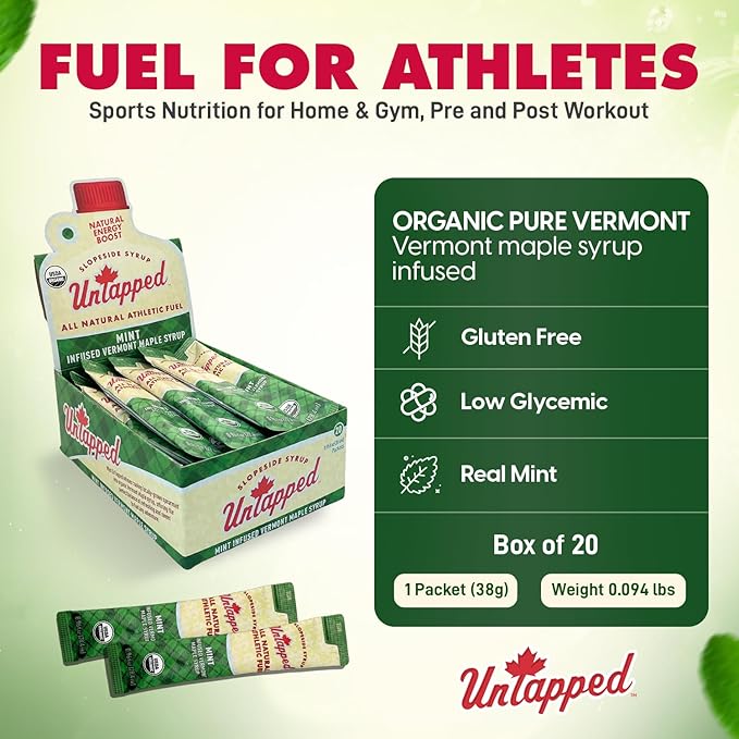 UnTapped Mint Maple Syrup Energy Gels 20 Gels | Organic Pure Vermont Maple Syrup with Real Mint | Gluten-Free, Low Glycemic | Natural Fuel for Running, Cycling & Endurance