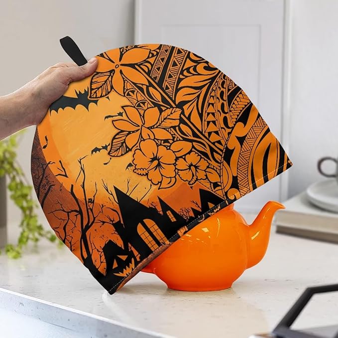 Halloween Tea Cozy for Teapot Samoa Polynesian Style Tea Cosy Fabric Quilted Padding & Heat-Proof Teapot Cover Customized Soft Tea Cozy for Household Kitchen
