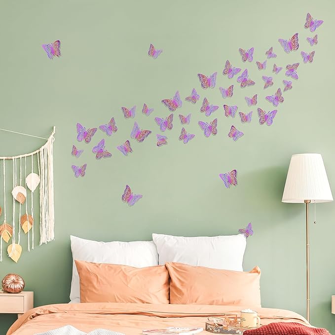 72 Pcs Butterfly Decorations, 3 Sizes 3 Styles Wall Decor, Party and Birthday Decorations, Laser Purple
