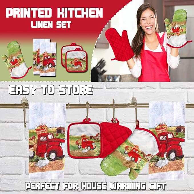 Lobyn Value Packs: 5 Piece Kitchen Towel Set with Vintage Red Truck Design, 2 Decorative Dish Towels, 1 Oven Mitt & 2 Potholders for Countryside Elegance