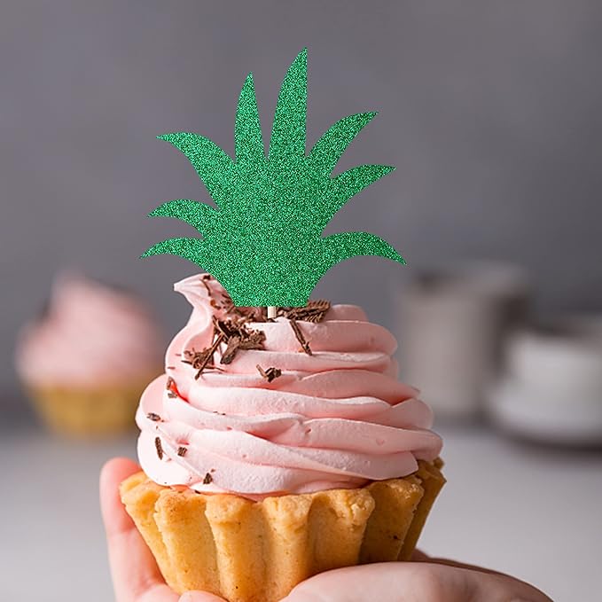 Rsstarxi 24 Pack Pineapple Leaf Cupcake Toppers Green Glitter Pineapple Leaves Cupcake Picks for Summer Tropical Theme Luau Party Hawaiian Wedding Baby Shower Birthday Party Cake Decoration Supplies