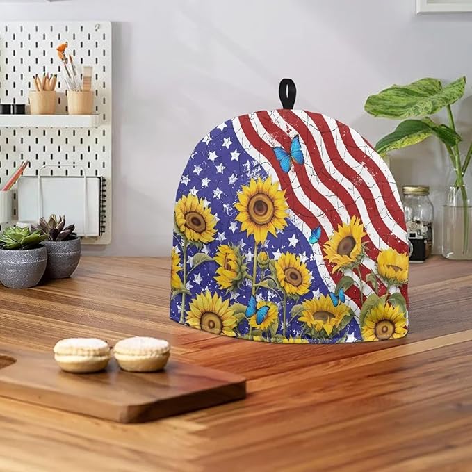 Tea Cozy Portable American Flag Sunflower Print Tea Pot Dust Cover Kitchen Teapot Insulated Scratch-Proof Protector Tea Kettle Cosy Easy Storage