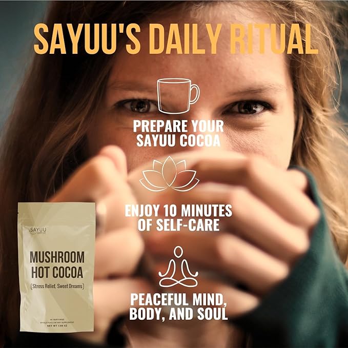 SAYUU Mushroom Coffee Hot Cocoa Mix ?“Instant Coffee Blend Enriched with Reishi, L-Theanine, Melatonin, Rich Cacao Flavor, Gut & Immune Health Support, Quick & Easy Bedtime Drink - 20 Servings