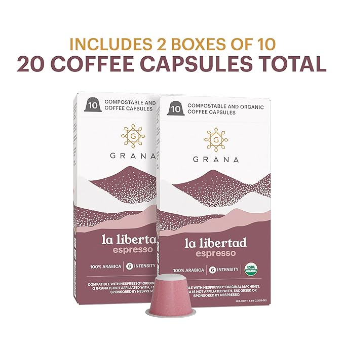 G GRANA Coffee Pods, Compatible with Nespresso OriginalLine, 20 Pack, Medium-Dark Roast, USDA Organic 100% Arabica Single Source Specialty Coffee, Compostable Single Serve Capsules, La Libertad