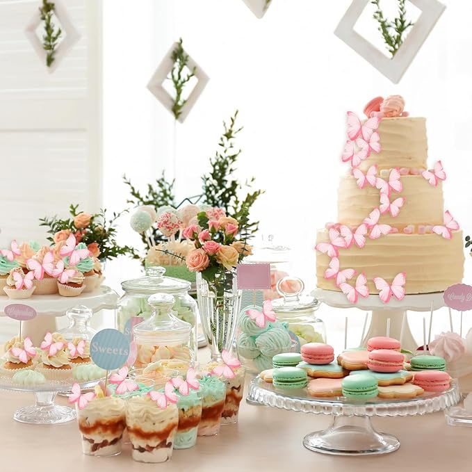 60PCS Wafer Paper Butterflies Cupcake Toppers, Pink Edible Butterflies for Cake Decorating, Edible Cupcake Decorations for Birthday Cake Decorations Anniversary Wedding Baby Shower