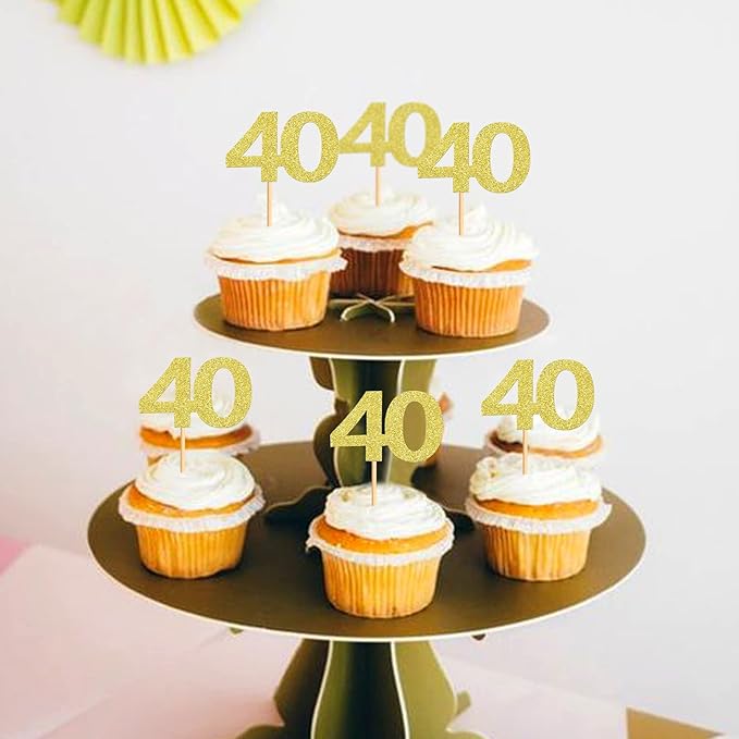 24PCS Gold Glitter 40th Birthday Cupcake Toppers Number 40 Birthday Celebrating Cake Decorations Supplies for Anniversary Party