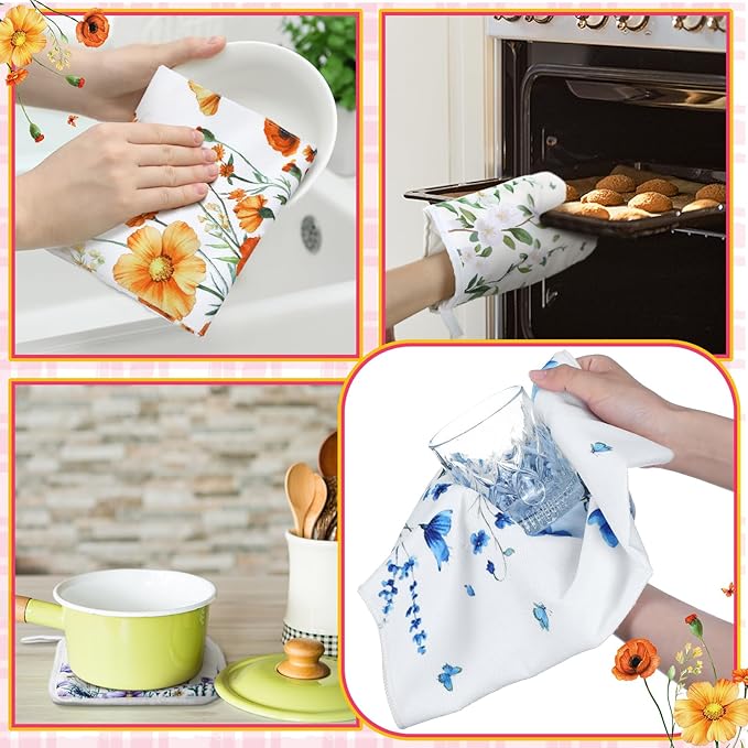 Bencailor 8 Pcs Kitchen Towel Pot Holders and Oven Mitts Set Kitchen Decoration 4 Dish Towels 2 Retro Oven Mitts 2 Potholders for Housewarming Gift Cooking Baking Grilling(Flower,Multicolor)