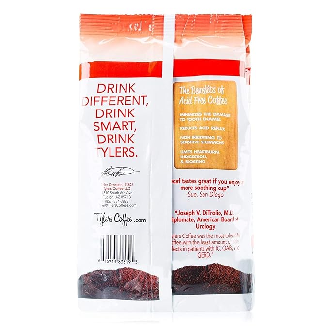 Tyler?™s Acid Free Organic Ground Coffee - 100% Arabica Full Flavor Decaf - For Acid Free Diets - Natural Whole Bean and Organic Blend for Common GI Issues -12 oz