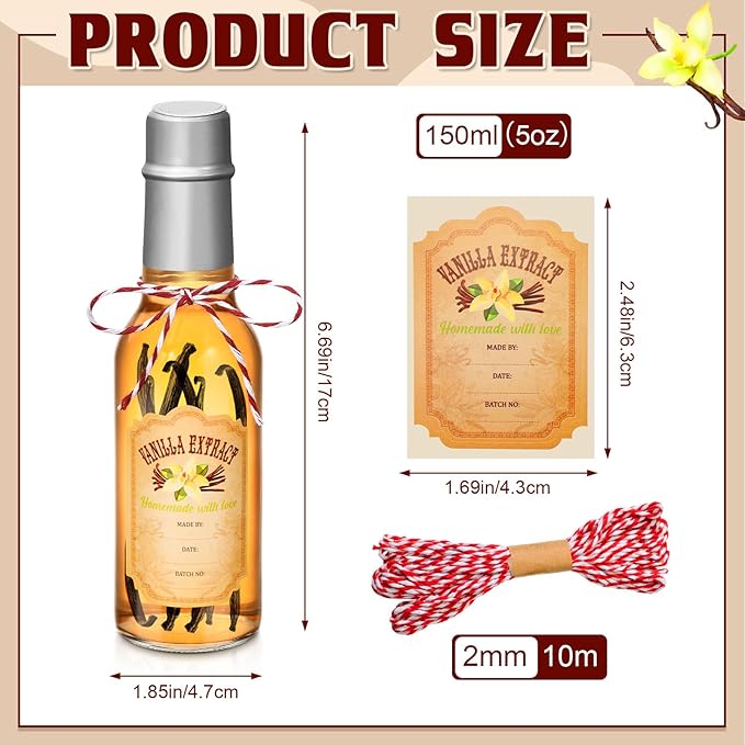 Tioncy 16 Pcs Vanilla Extract Bottles for Homemade Vanilla Jar Glass Bottle with Cap, Shrink Band, Sticker Syrup Gift Food Storage Canister for Bean Sauce Spice(Silver,5 oz)
