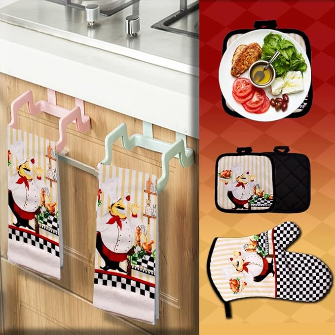 Lobyn Value Packs - Charming 5 Piece Kitchen Towel Set: Chubby Uniformed Chef Design, includes 2 Decorative Dish Towels (25x15) 1 Oven Mitt and 2 Potholders (6.5 Sq)