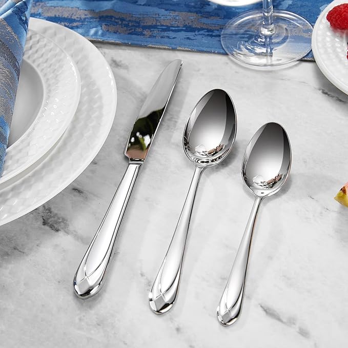 KEAWELL Premium Astra 4-Piece 7.4 inch Spoon Set ??Mirror-Finished 18/10 Stainless Steel with Diamond-Faceted Handles Dishwasher Safe for Modern Dining (4, Dinner Spoons)