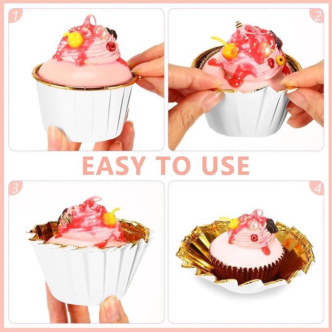 300 Pack White Gold Cupcake Liners Bulk Disposable Foil Muffin Cups 3.5 oz Wrappers for Baking Aluminum Paper Mini Metallic Disposable Holiday Party Wedding Festival Supply