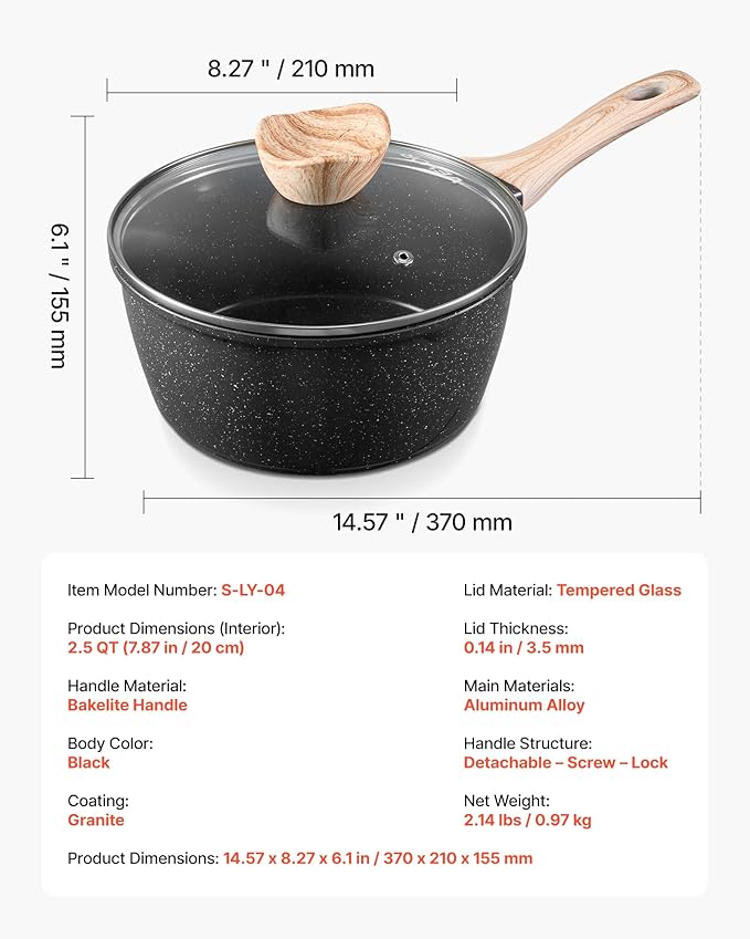 VEVOR 2.5 QT Saucepan, Nonstick Saucepan with Tempered Glass Lid, Multipurpose Cooking Sauce Pot with Detachable Handle, Sauce Pan Small Kitchen Cooking Pot with Coating, Induction Compatible, Black