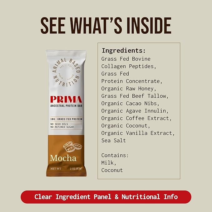 PRIMA ANCESTRAL PROTEIN BAR Grass Fed Protein Bars, 7 Pack ??Animal-Based Protein Bar with Beef Tallow, Raw Honey, Seed Oil Free, Low Carb, Gluten-Free ??Healthy, Energy Snacks for Clean Lifestyle (7 Pack, Mocha)