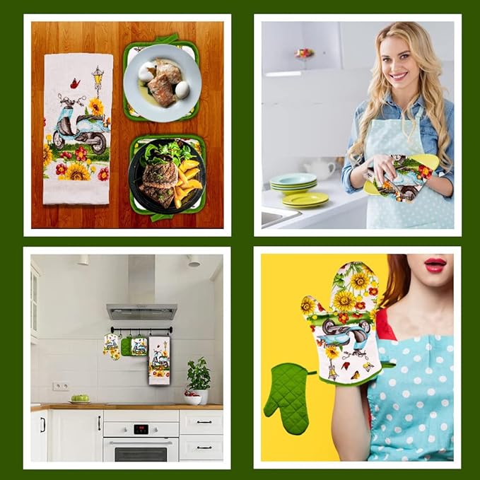 Lobyn Value Packs - Sunflowers & Butterflies & Blue Scooter: 5 Piece Kitchen Towel Set with 2 Decorative Dish Towels (25x15), 1 Oven Mitt and 2 Potholders (6 1/2 Sq)