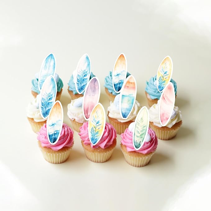 60 Pack Edible Surfboard Cupcake Toppers Wafer Paper Surfboard Palm Tree Coconuts Cupcake Picks Holiday Beach Surf Cake Decorations for Summer Beach Theme Birthday Party Supplies