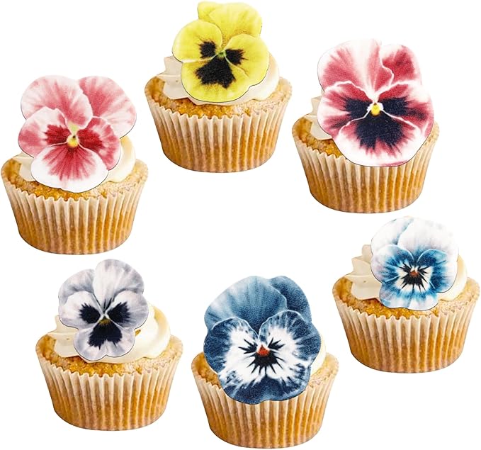 60 PCS Edible Flowers Cupcake Toppers Pansies Spring Edible Flowers Cake Decorations Bridal Shower Wafer Paper Flowers Cupcake Picks for Baby Shower Wedding Engagement Birthday Party Supplies