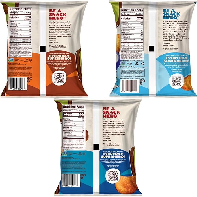 Jackson???Sweet Potato Kettle Chips Avocado Oil Variety Pack made with Premium Oils (1.5 oz, Pack of 10) Sea Salt, Ranch and BBQ Flavors - Allergen-friendly, Gluten Free, Vegan