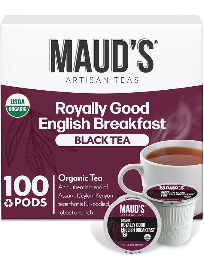 Maud's Organic English Breakfast Black Tea Pods, 100 ct, Recyclable Single Serve Pods ??100% Gourmet Blended Tea Leaves, Compatible with Keurig K Cups Maker