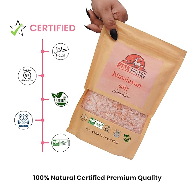 Pink Pantry Himalayan Pink Salt, 100% Pure Himalayan Salt, Non-GMO, Kosher Certified, No Additives, Ideal for Cooking, Seasoning & Gourmet Dishes, Rich in Trace Minerals, 2lb Pouch, Coarse Grain