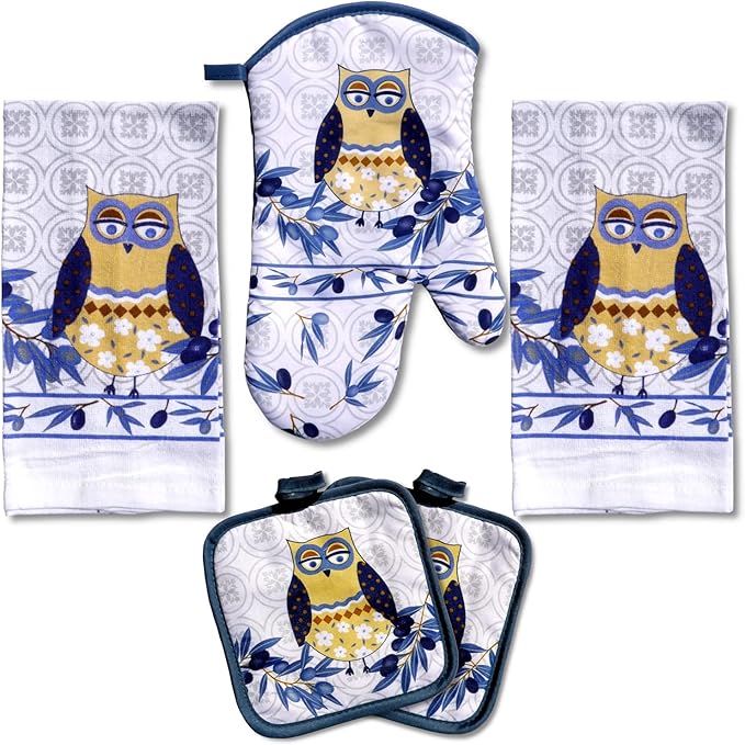 Lobyn Value Packs: Whimsical Blue Owl 5 Piece Kitchen Towel Set, includes 2 Decorative Dish Towels, 1 Oven Mitt & 2 Potholders for Enchanting Style