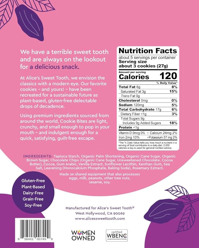 Alice's Sweet Tooth Double Chocolate Cookie Bites - Gluten-Free, Vegan, Crunchy Mini-Cookies - Plant-Based, Dairy-Free, Grain-Free, Soy-Free, Kosher ??5.0 ounces