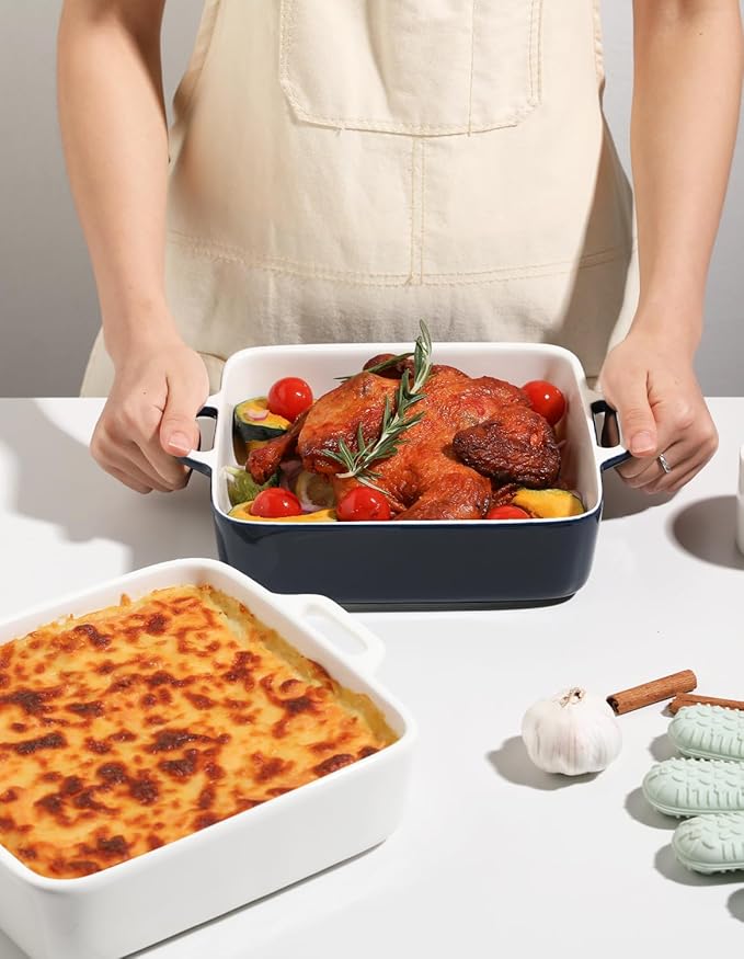 Sweejar 8x8 Baking Pan,Ceramic Casserole Dishes for Oven with Double Handlesï¼? QT Square Cake Baking Dish for Brownie,Lasagna,Casseroles,Family Dinner (Navy)