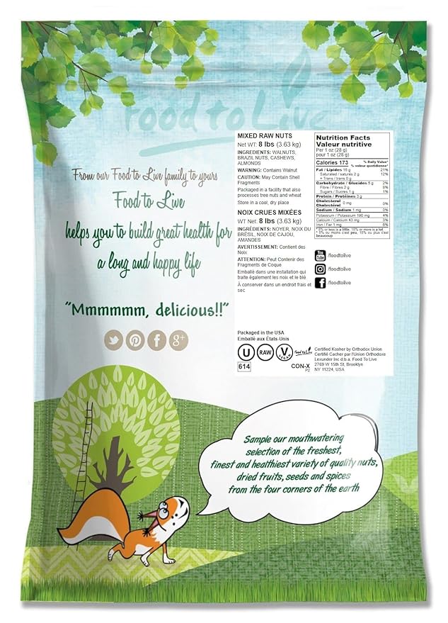 Food to Live Mixed Raw Nuts, 8 Pounds ??Cashews, Brazil Nuts, Walnuts, Almonds, Unsalted, Kosher, Vegan, Bulk