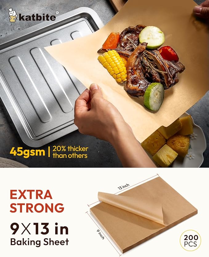 Katbite 200Pcs 9x13 inch Heavy Duty Unbleached Parchment Paper, Parchment Paper Sheets for Baking Cookies, Cooking, Frying, Air Fryer, Grilling Rack, Oven(9x13 Inch)