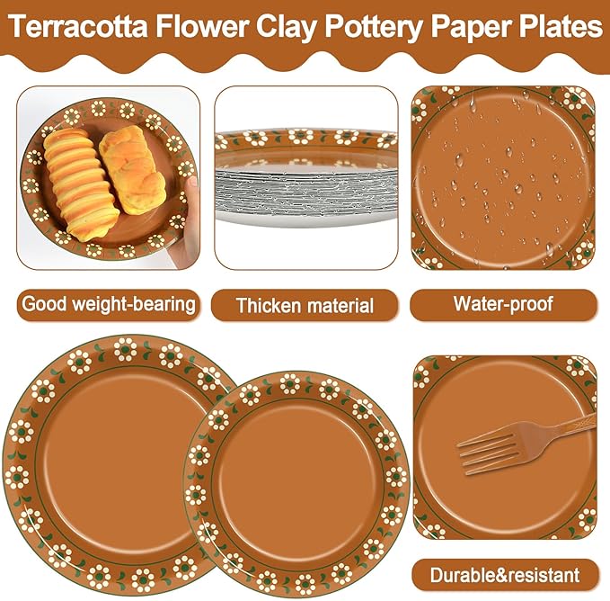 96Pcs Platos De Barro Mexicanos Paper Plates and Napkins Cielito Lindo Party Decoration Terracotta Clay Pottery Themed Tableware Set for 24 Guests Mexican Fiesta Wedding Birthday Favors Supplies