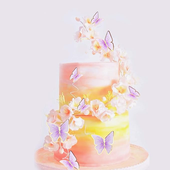 30pcs Purple Gold Edge Mixed Size Lively 3D Waterproof Butterfly Cupcake Topper for Girls Women's Happy Birthday Wedding Party Cake Wall Party Food Decorations