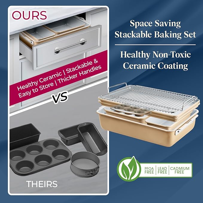 Bakken 8-Piece Stackable Bakeware Set - Ceramic Non-Stick Coating, Baking Sheets, Assorted Baking Pans, PTFE, PFOA & PFOS Free - Healthy Baking, Ergonomic Handles, Cooling Rack, Non-Toxic, Oven-Safe