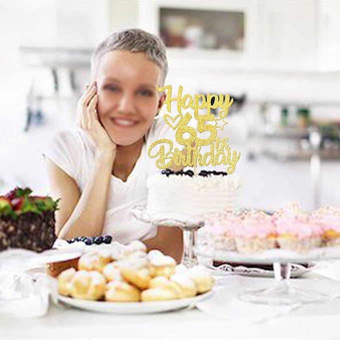 1 Pack Happy 65th Birthday Cake Topper Glitter Heart Star 65 Fabulous Cake Pick Birthday Sign Cake Decorations for Children 65th Birthday Theme Party Supplies Gold