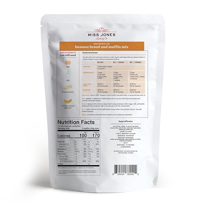 Miss Jones Baking Banana Bread & Muffin Mix - Whole Grains, 50% Lower Sugar, Real Banana, Vegan Banana Bread, Naturally Sweetened Desserts & Treats, 10.57 Ounce (Pack of 1)