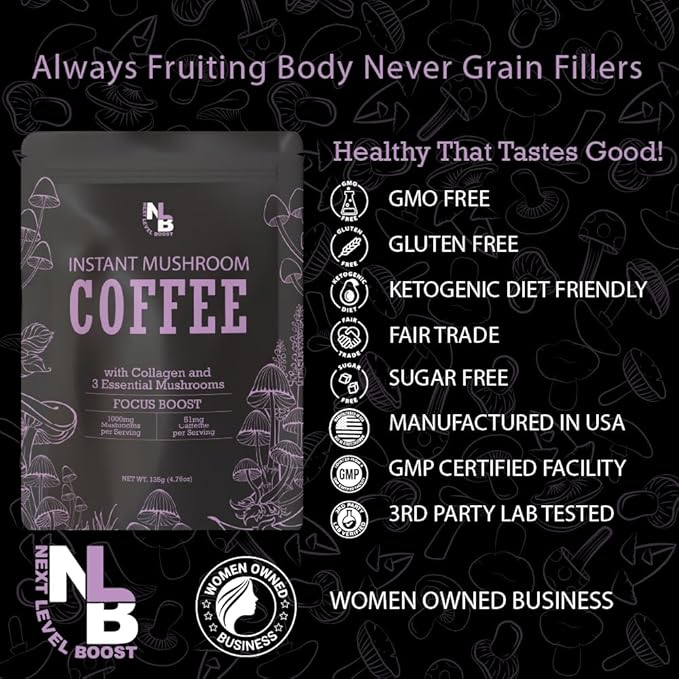Focus Boost Organic mushroom Instant Coffee - 10 x 9g Packets - Healthy Coffee alternative and Substitute - With Dynamine, Collagen, Lions Mane and Antioxidant