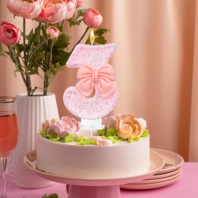 Birthday Cake Candles, Pink Glitter with Bow Cake Candles, Birthday Party Cake Toppers, Cute Birthday Candle Decorations (3)
