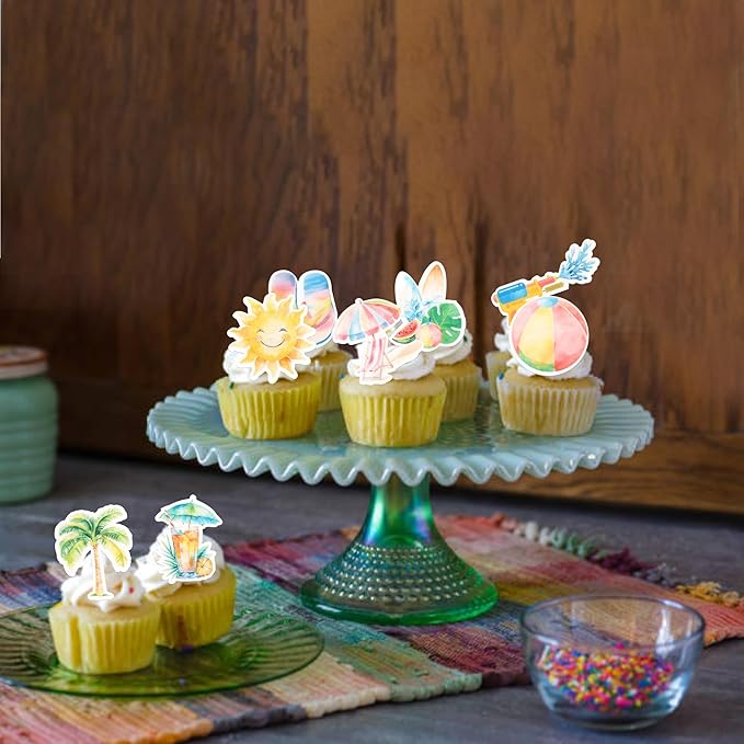 60 Pack Edible Summer Beach Theme Cake Topper Umbrella Chair Palm Tree Watermelon Coconut Cake Pick Hawaiian Beach Cupcake Decorations for Baby Shower Birthday Wedding Party Supplies