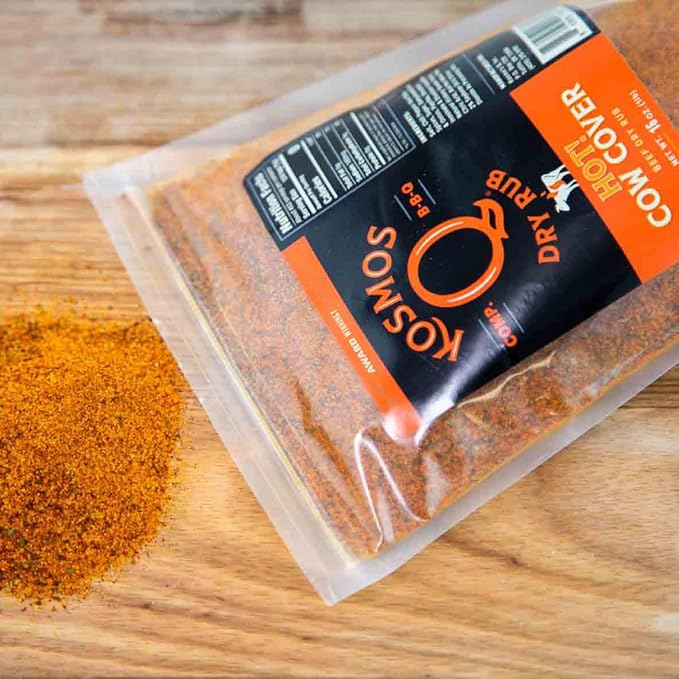 Kosmos Q Hot Cow Cover BBQ Rub, Savory & Spicy Seasoning with Chili Pepper, Garlic & Paprika For Brisket, Steak, Ribs, Burgers, Poultry, Dry Rub for Smoking & Grilling, BBQ Meat Rub, 16 Oz Bag
