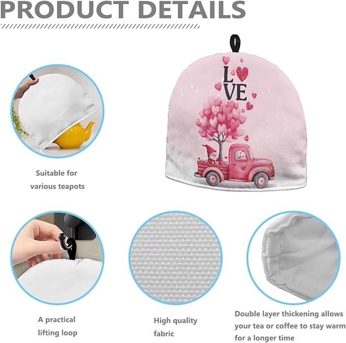 Valentine's Day Teapot Cover for Kitchen Red Truck Insulated Super Soft Tea Cosy for Teapot Insulated Teapot Lids for Party