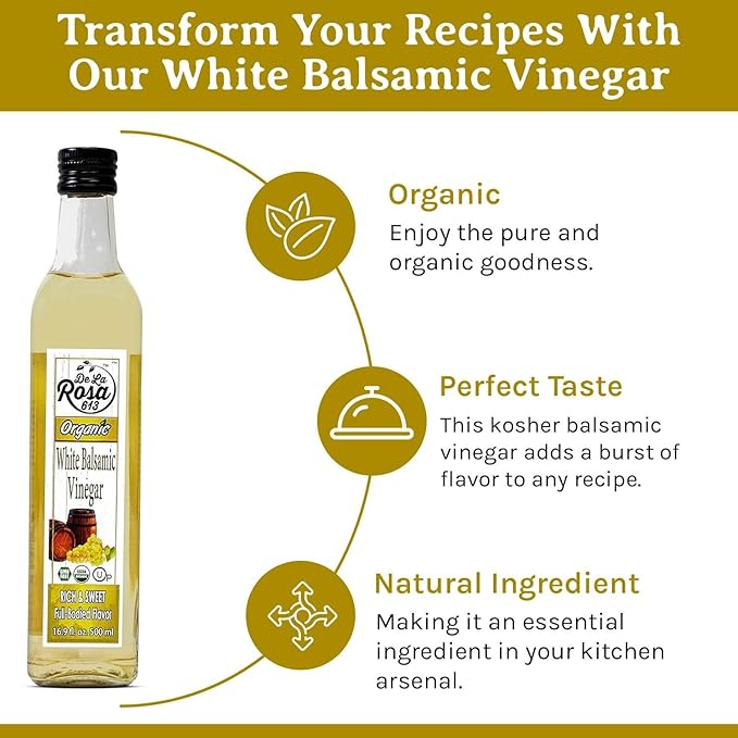 De La Rosa Organic White Balsamic Vinegar, Aged in Spanish Wood Barrels, Kosher for Passover, Vegan & Gluten-Free, Great for Salad Dressing, Marinades, Organic Balsamic Vinegar 16.9 Oz (Pack of 2)