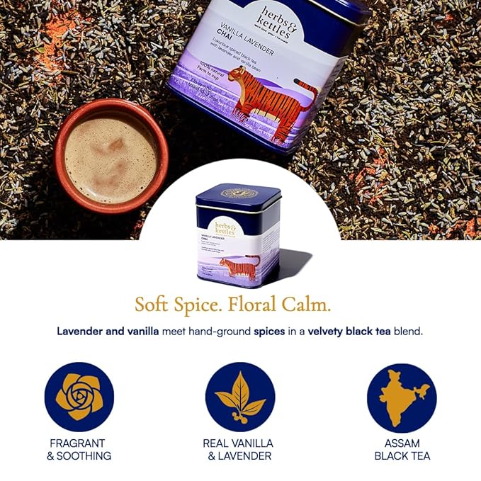 Herbs & Kettles Vanilla Lavender Chai | Assam Black Tea with Real Vanilla Bean, Lavender Flowers, Cardamom, Cinnamon & Ginger | Floral Loose Leaf Blend | Makes 10-14 Servings | Premium Tea Gift
