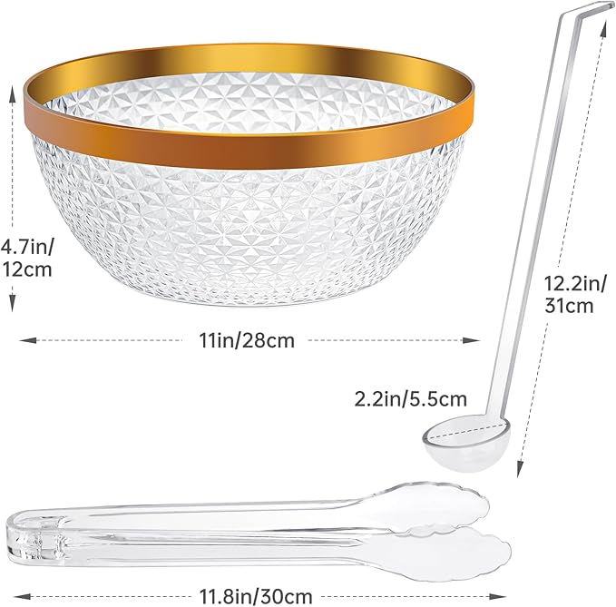 NiHome Gold Trim Clear Plastic Punch Bowl with Ladle and Tong for Parties, Weddings, BBQs, 1.4 Gallon Beverage Serving Bowl Complete Set for Cocktails, Salads, Snacks, Easy to Clean