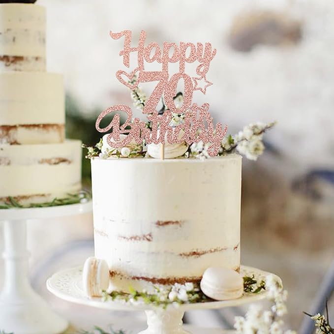 1 Pack Happy 70th Birthday Cake Topper Glitter Heart Star 70 Fabulous Cake Pick Birthday Sign Cake Decorations for Children 70th Birthday Theme Party Supplies Rose Gold