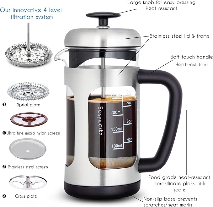 Easyworkz Stainless Steel French Press 12 oz Coffee Tea Maker with Soft Grip Handle